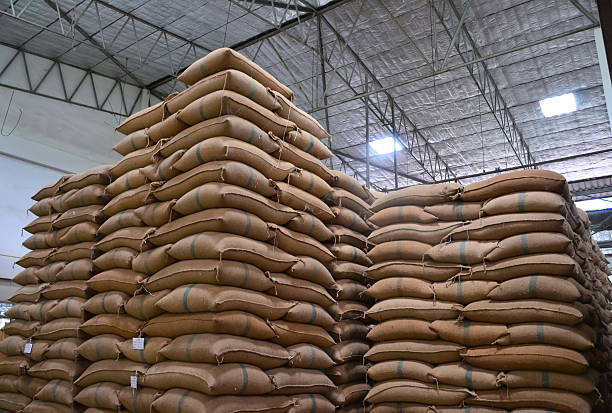 Bags stacked in commodity warehouse